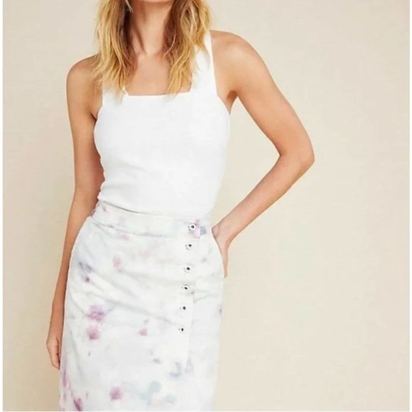 Anthropologie Kimmie White Pink Purple Tie-Dye Button Close Tulip Midi Skirt-12 - Picture 7 of 7